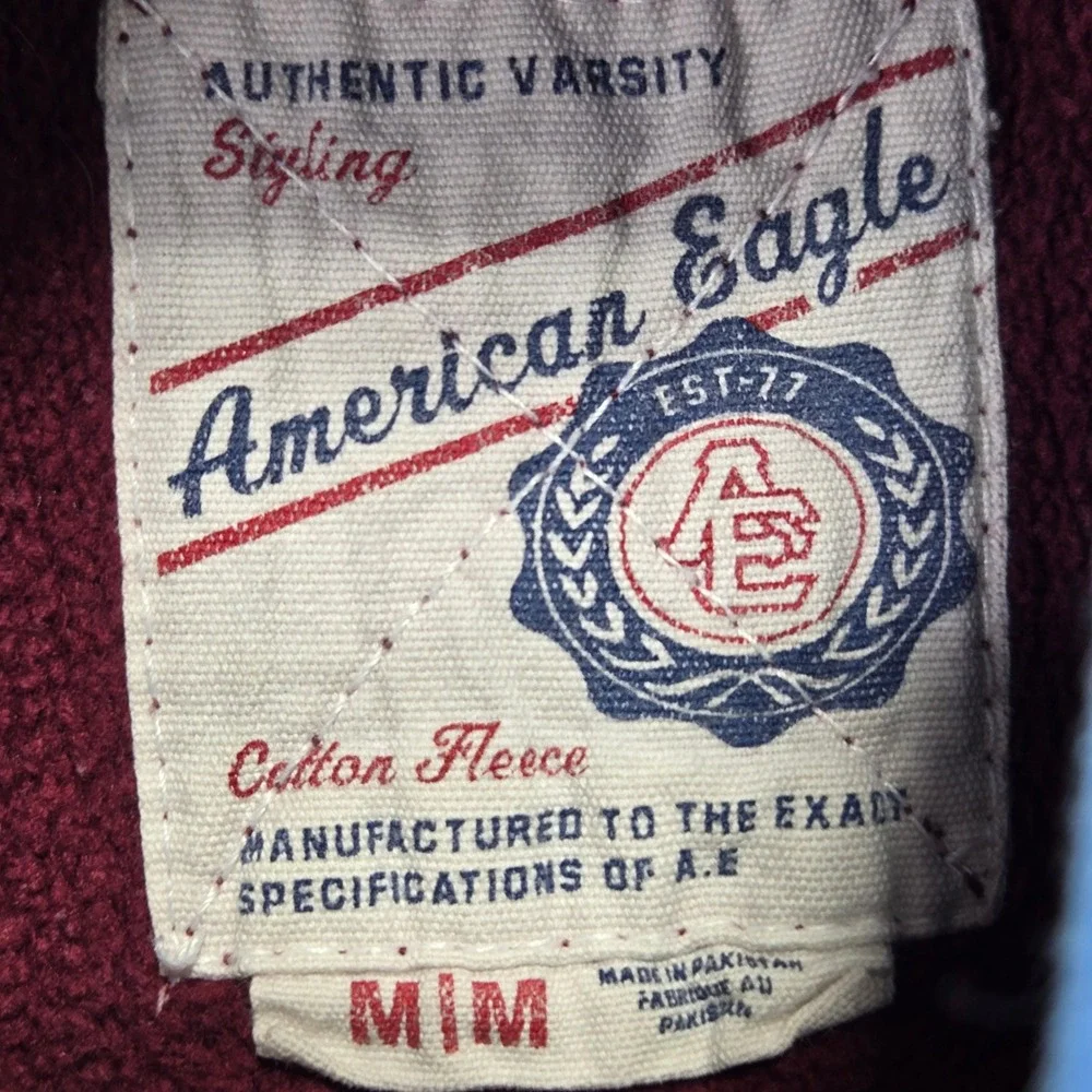 VTG Y2K American Eagle Hoodie Maroon Varsity Logo Cotton Fleece Pullover Mens M
